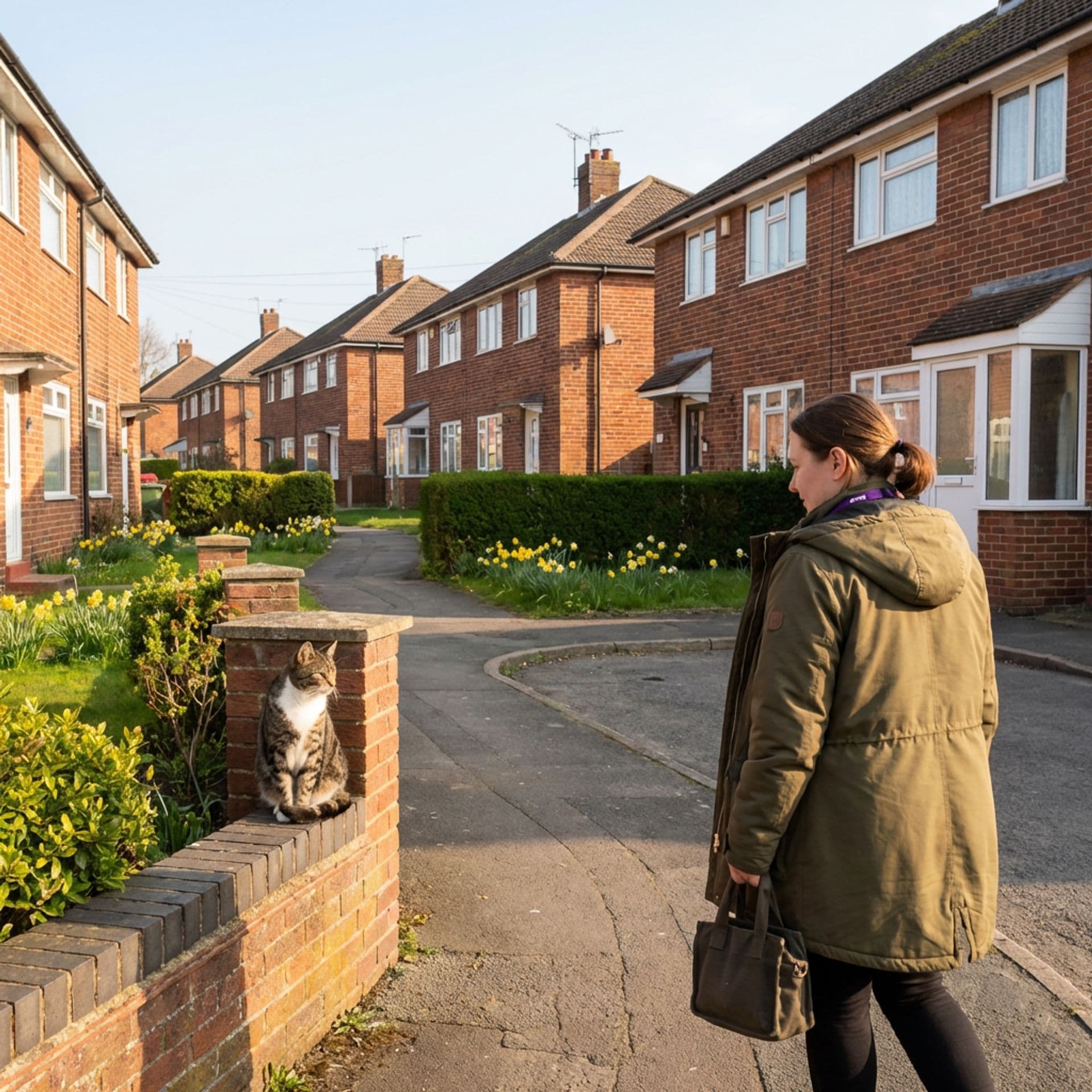 Care worker walking along a quiet residential street in Mansfield on a spring morning