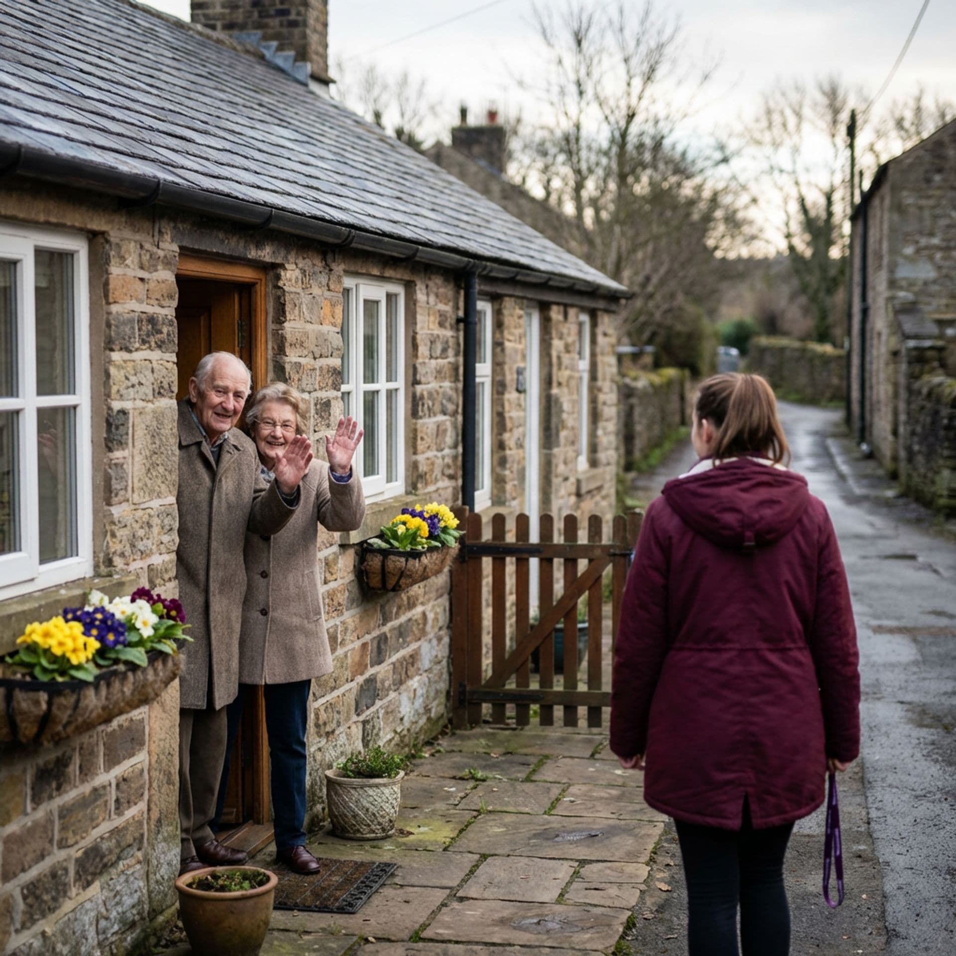 Elderly couple waving goodbye to their care worker at a stone cottage in Ripley, Derbyshire